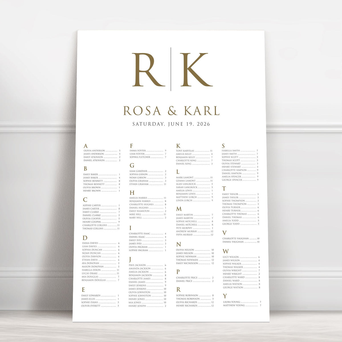 Personalised Gold Monogram Wedding Seating Chart – 24 × 36″ Foamboard - We Do Bou