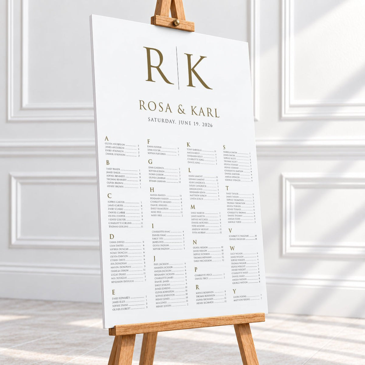 Personalised Gold Monogram Wedding Seating Chart – 24 × 36″ Foamboard - We Do Bou