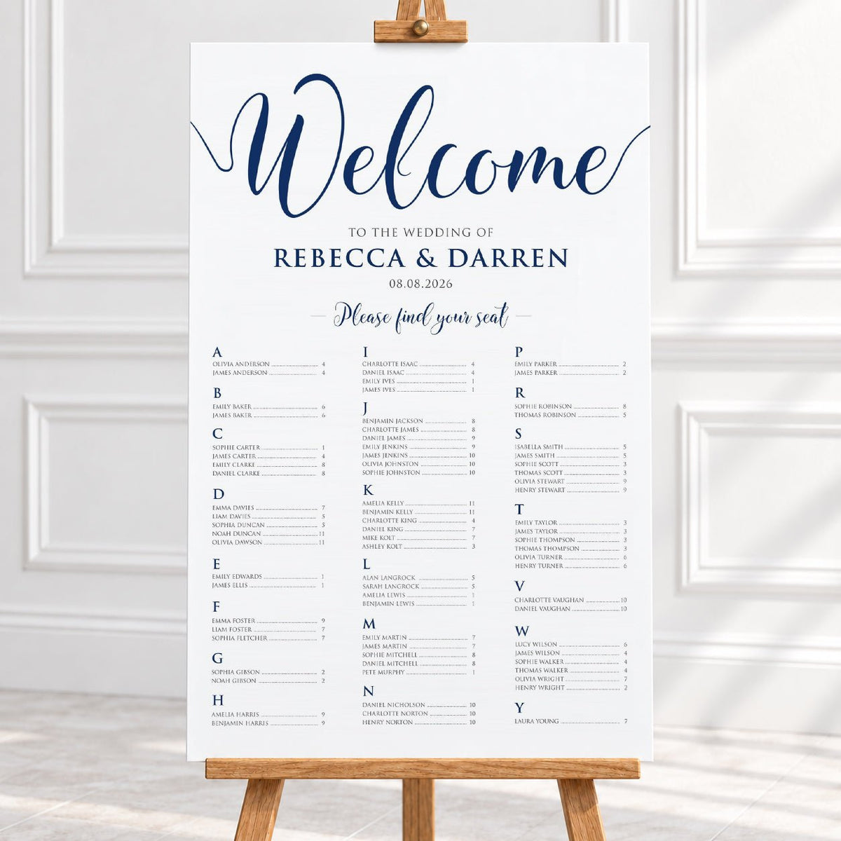 Personalised Navy Blue Script Wedding Seating Chart – 24 × 36″ Foamboard - We Do Bou