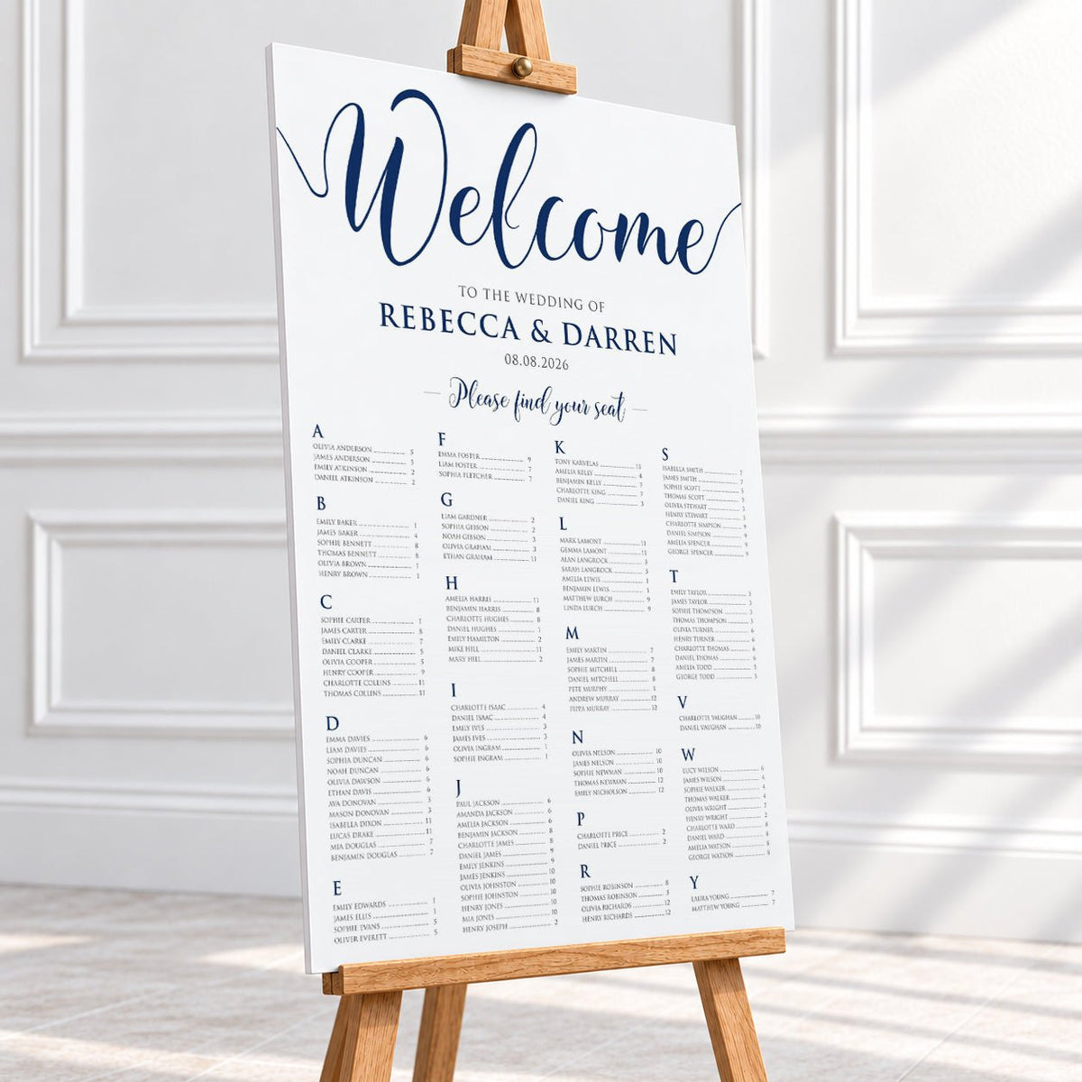 Personalised Navy Blue Script Wedding Seating Chart – 24 × 36″ Foamboard - We Do Bou