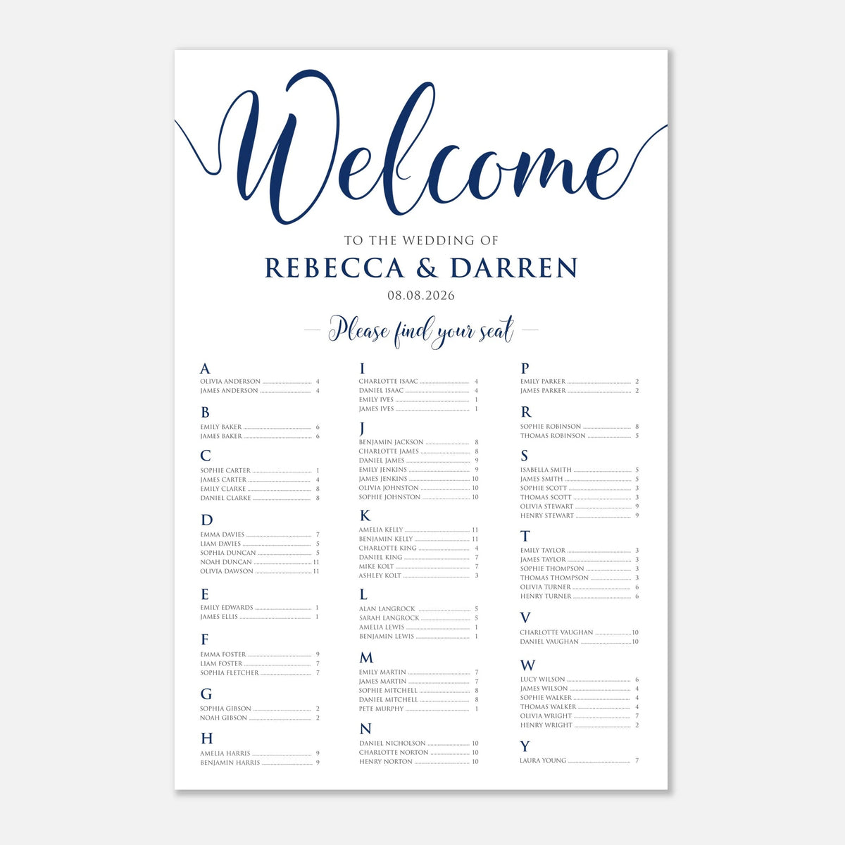 A wedding seating chart print with a white background and blue typography. The top features the word 'Welcome' in large script, followed by the names 'Rebecca & Darren' and the date '08.