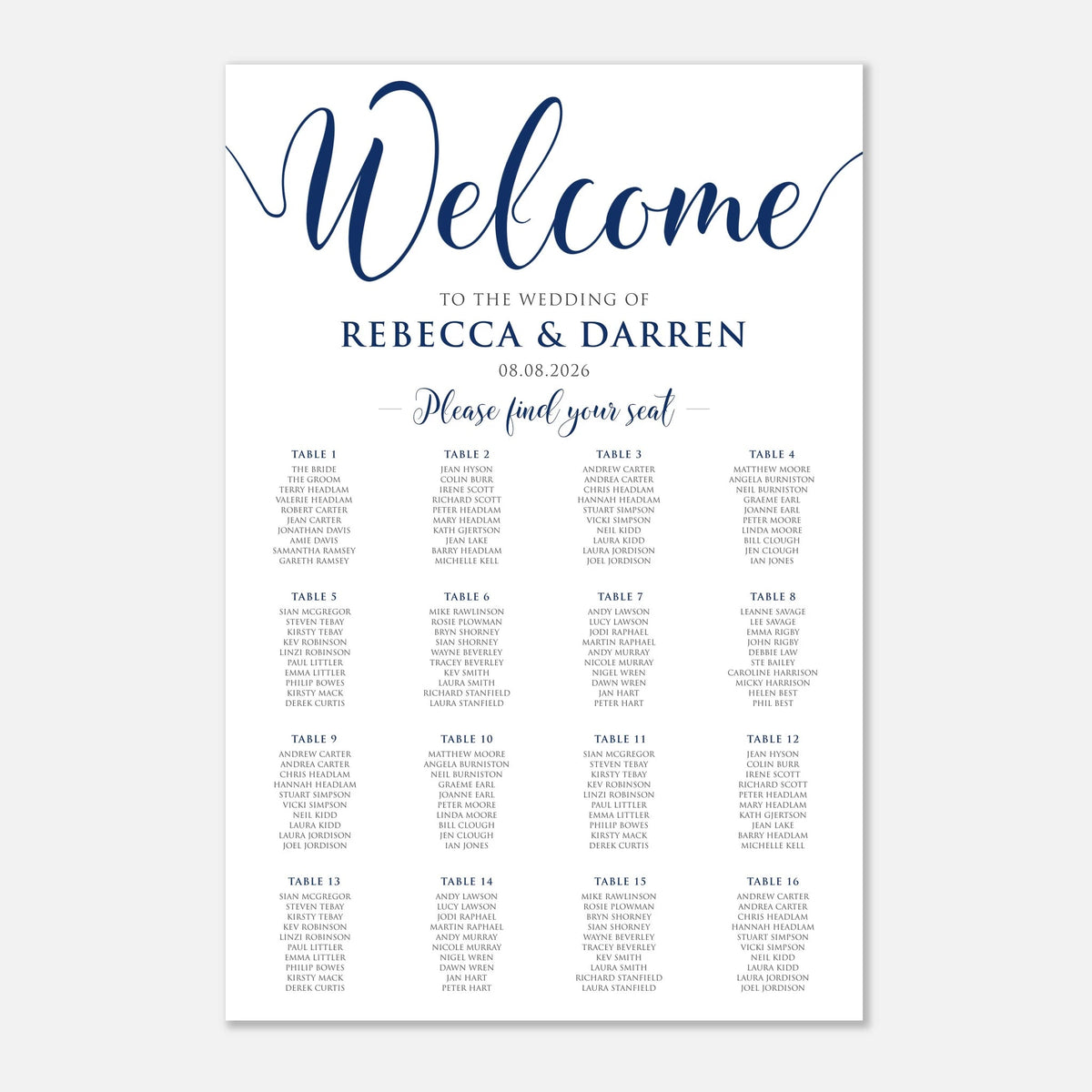A wedding seating chart print with a white background, featuring a navy blue 'Welcome' script at the top and multiple table listings arranged in columns below.