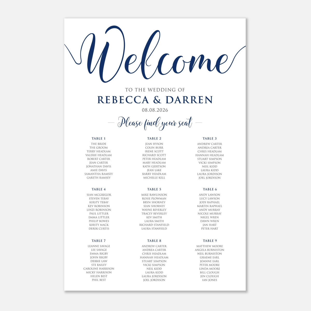 A wedding welcome seating card template featuring elegant navy blue script and serif typography on a clean white background, displayed against a light gray backdrop.