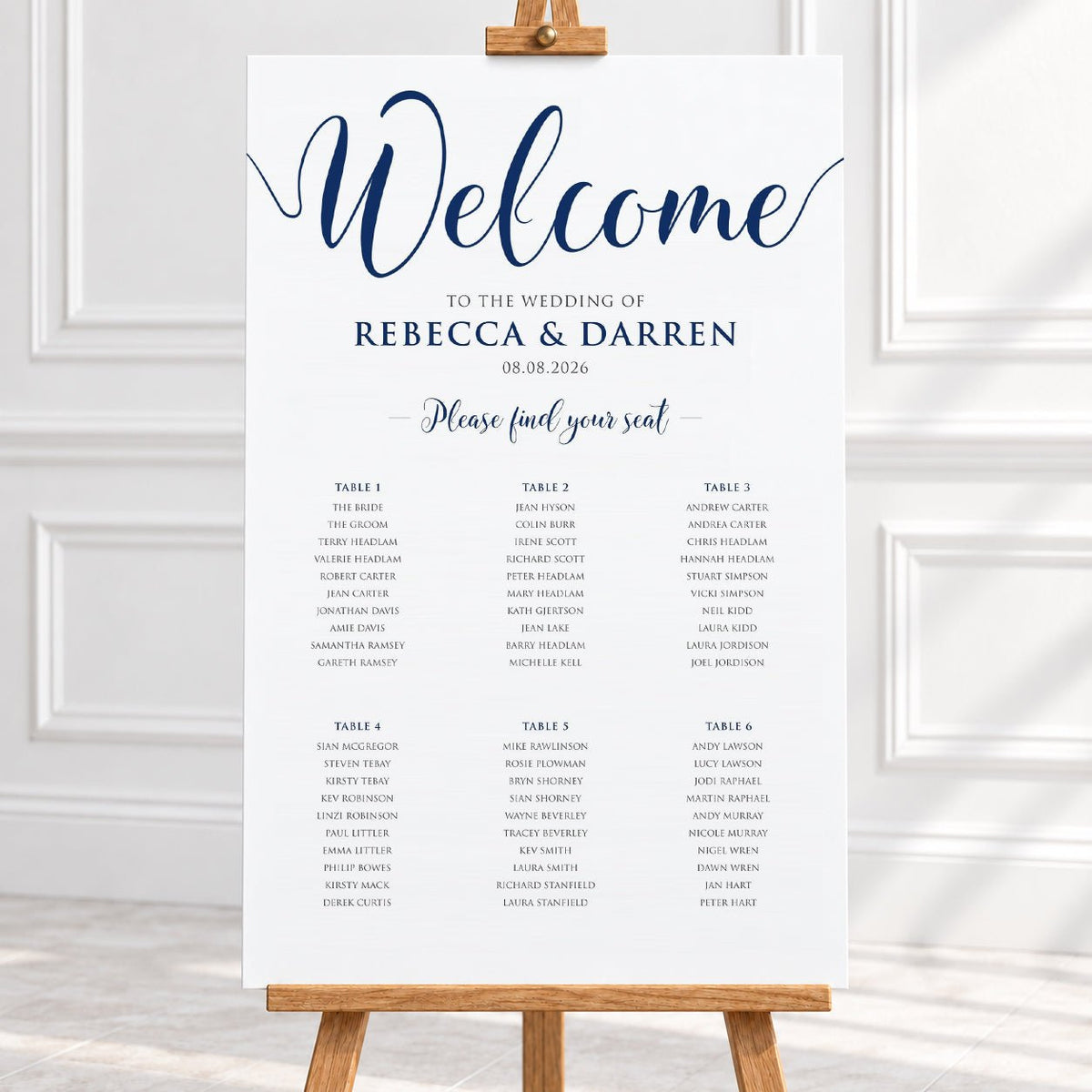 Personalised Navy Blue Script Wedding Table Plan – 24 × 36″ Foamboard - We Do Bou
