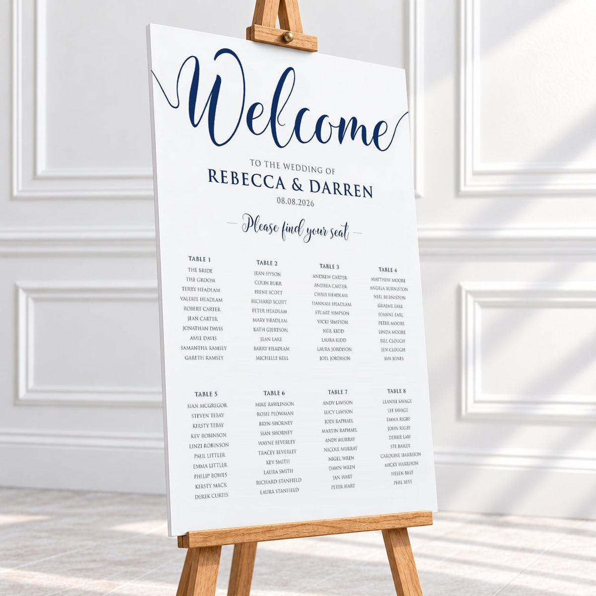 Personalised Navy Blue Script Wedding Table Plan – 24 × 36″ Foamboard - We Do Bou