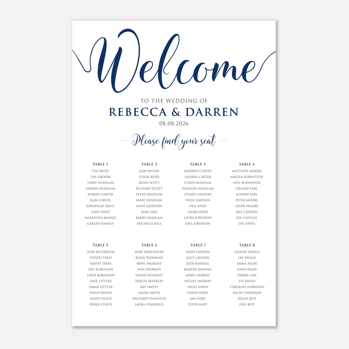 A wedding welcome seating chart print with elegant navy blue script reading 'Welcome' and black text listing tables and names, shown on a clean white background.
