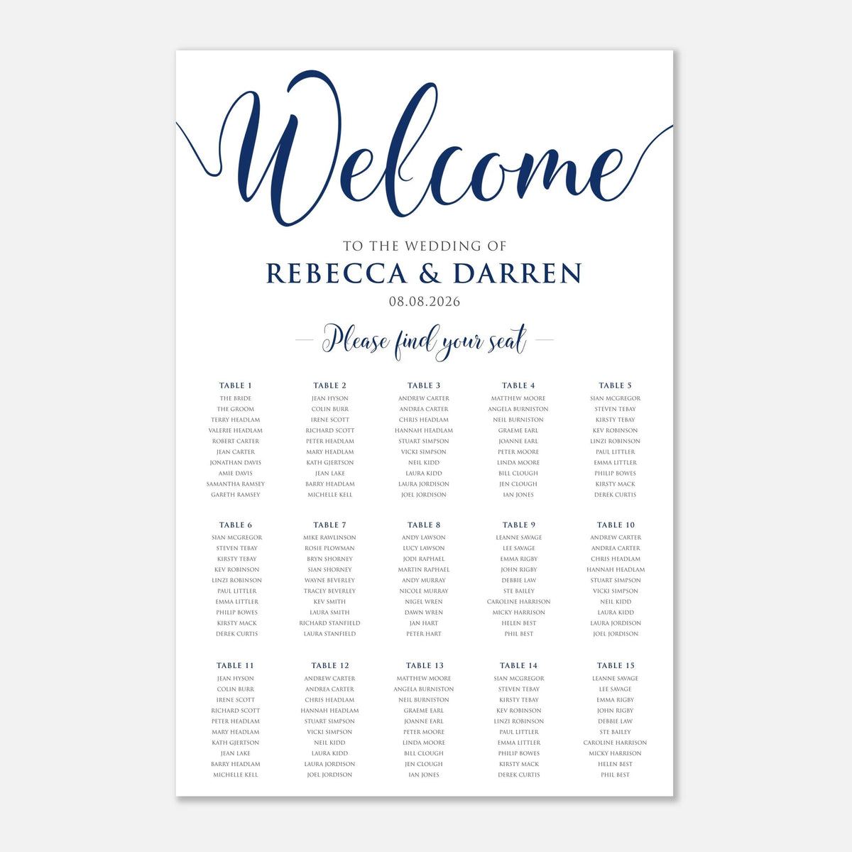 A wedding welcome seating chart print with navy blue script and serif text on a white background, listing 15 tables and guest names under headings such as 'Welcome to the wedding of Rebecca & Darren' and 'Please find your seat.'.