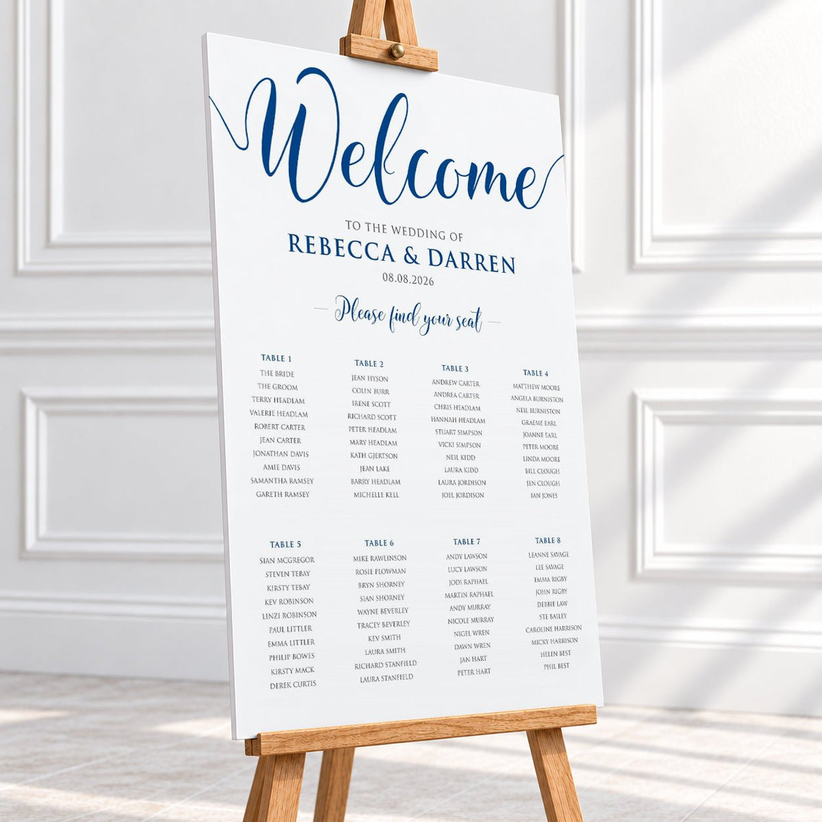 Personalised Royal Blue Script Wedding Table Plan – 24 × 36″ Foamboard - We Do Bou