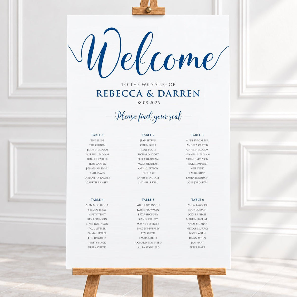 Personalised Royal Blue Script Wedding Table Plan – 24 × 36″ Foamboard - We Do Bou