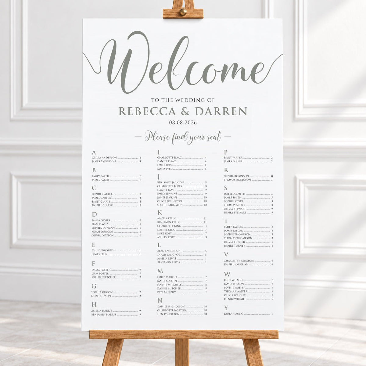 Personalised Sage Green Script Wedding Seating Chart – 24 × 36″ Foamboard - We Do Bou