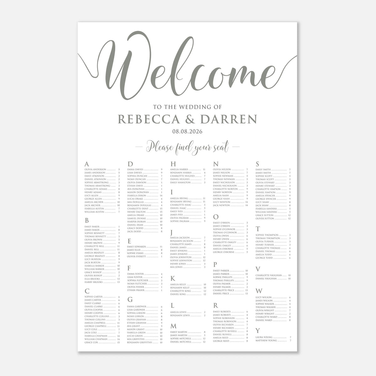 A vertical wedding welcome sign with elegant sage green script reading 'Welcome' and event details, plus a seated guests table organized in columns labeled A through Y on a white background.