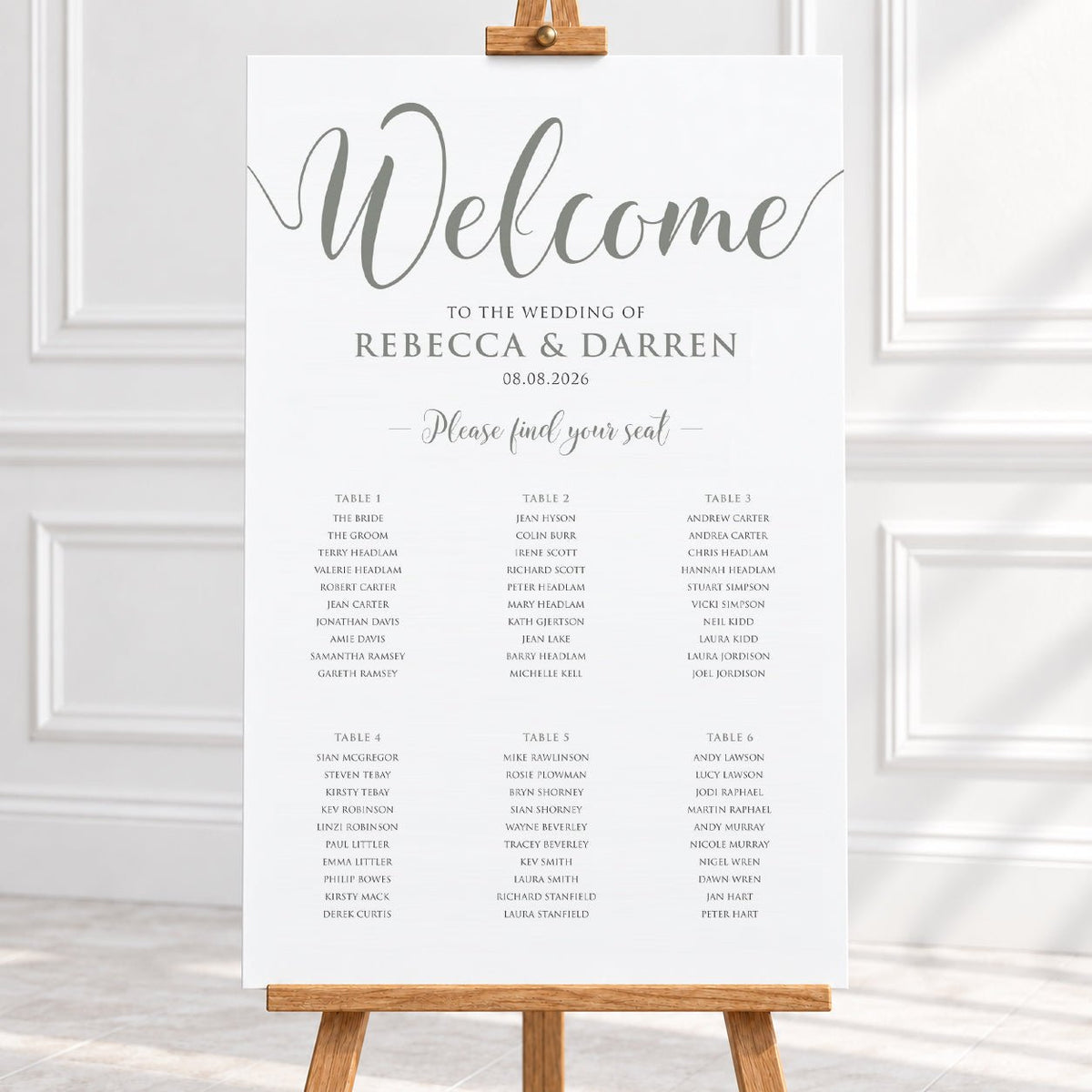 Personalised Sage Green Script Wedding Table Plan – 24 × 36″ Foamboard - We Do Bou