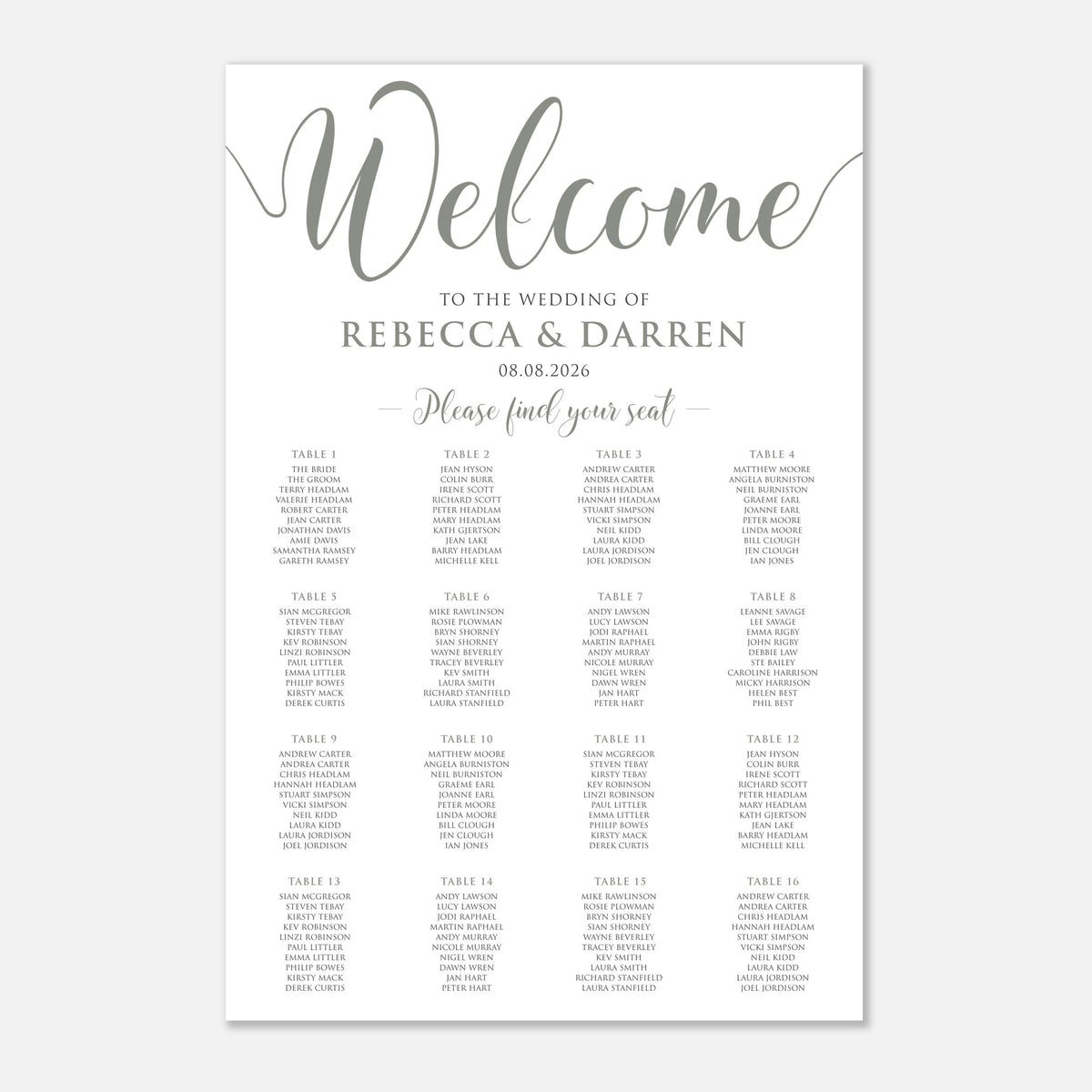A wedding seating chart print with elegant sage green script reading 'Welcome' and the names 'Rebecca & Darren' with the date '08.08. With 16 tables.