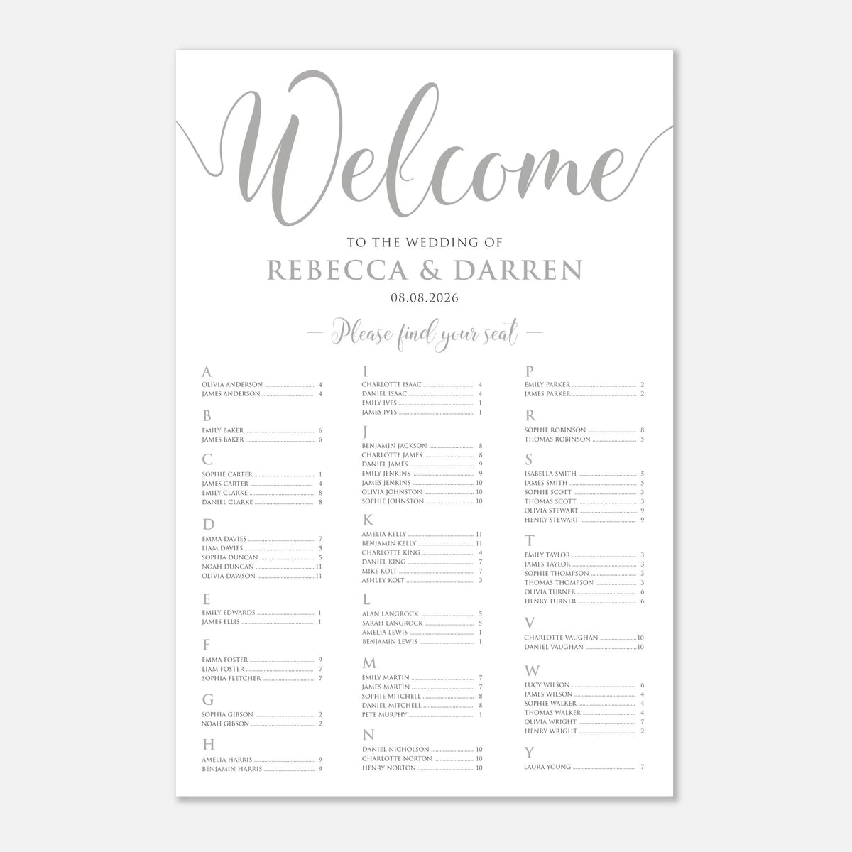 A wedding reception welcome seat plan sign with elegant silver script and serif text on a white background, displayed against a light gray backdrop.