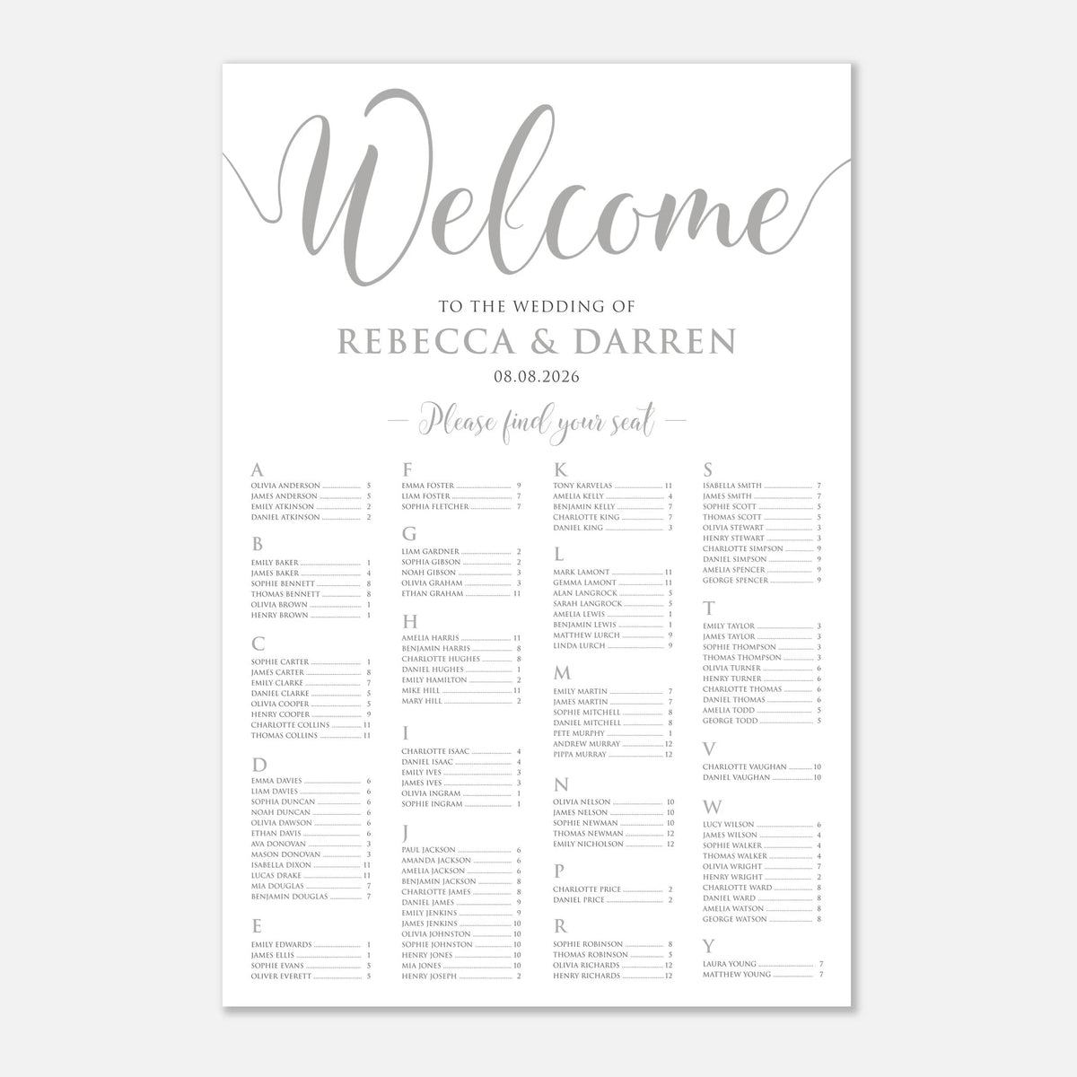 A wedding welcome seating chart print with elegant silver script and typography on a white background, featuring the heading 'Welcome' and a seated guest list organized by letter columns.