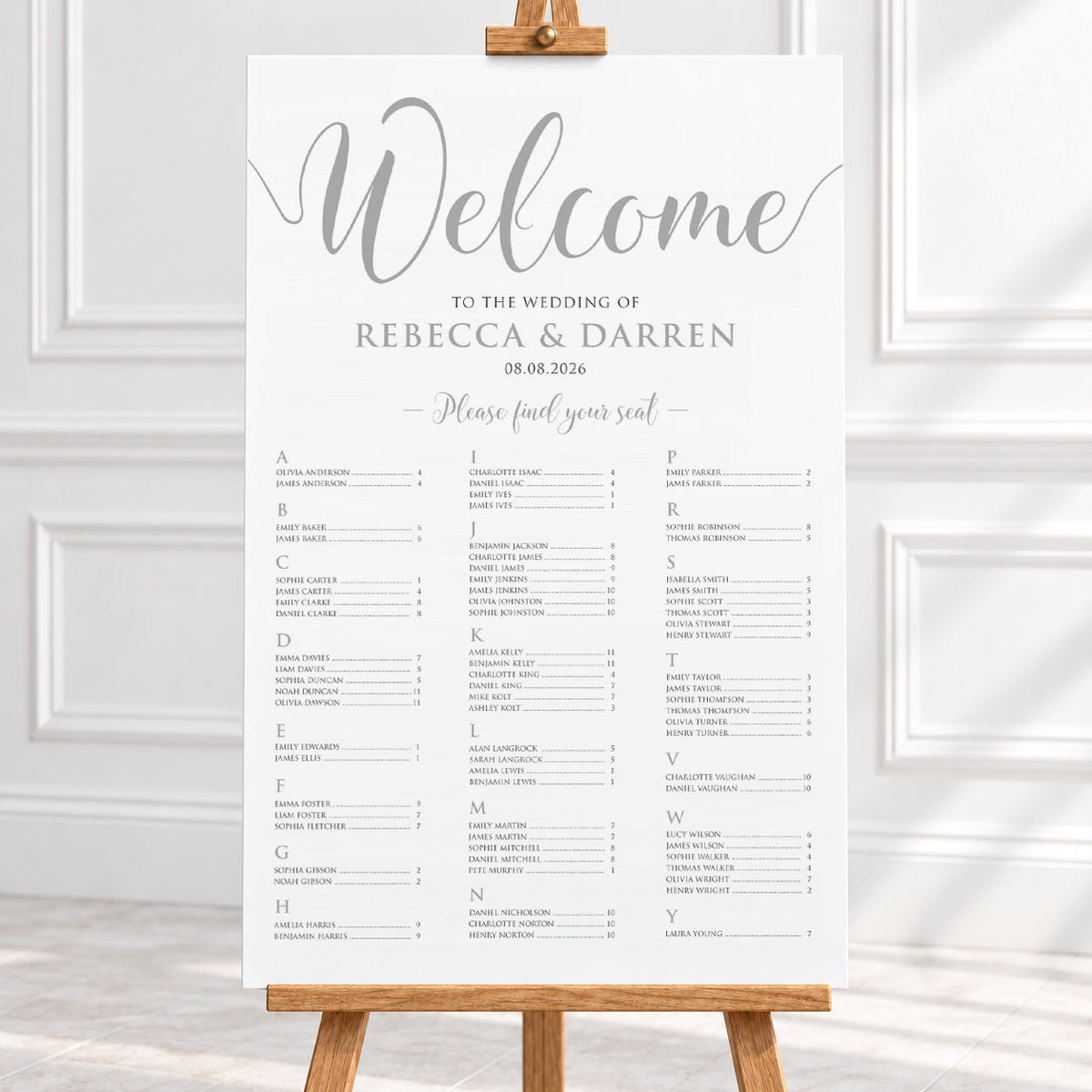 Personalised Silver Script Wedding Seating Chart – 24 × 36″ Foamboard - We Do Bou