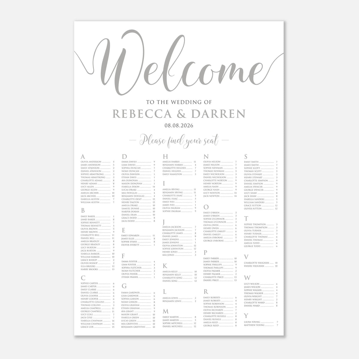 A vertical wedding welcome seating chart print with elegant silver script and serif text on a white background, including the heading 'Welcome' and seated guest blocks labeled A through Z.