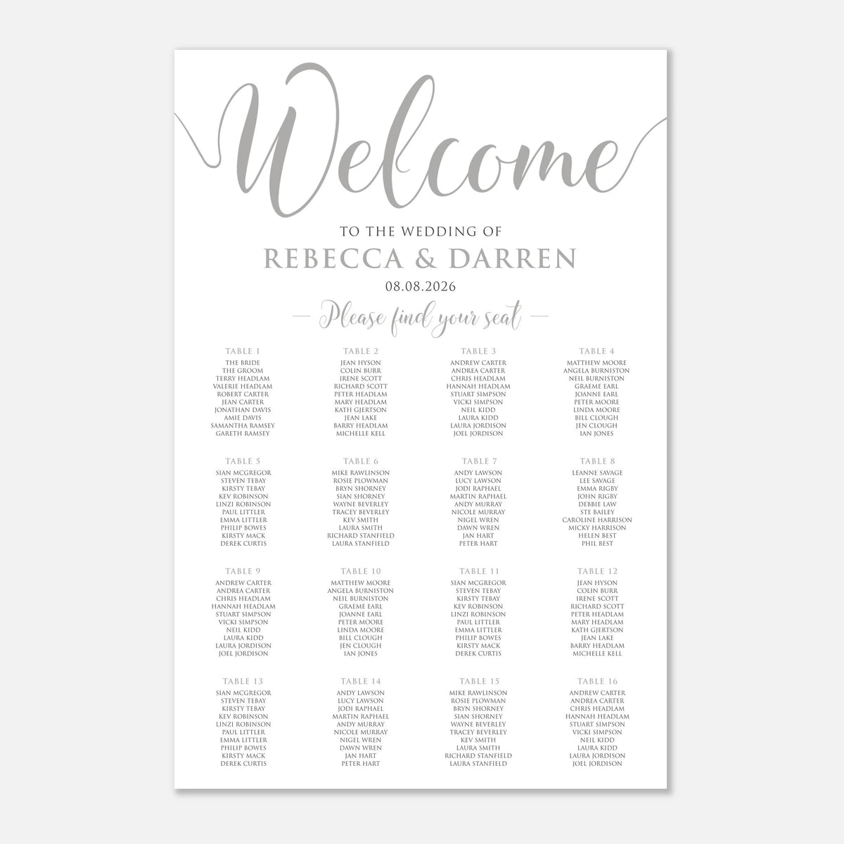 A wedding reception seating chart print with elegant silver script and serif text on a white background, titled 'Welcome to the wedding of Rebecca & Darren' with table assignments listed below.