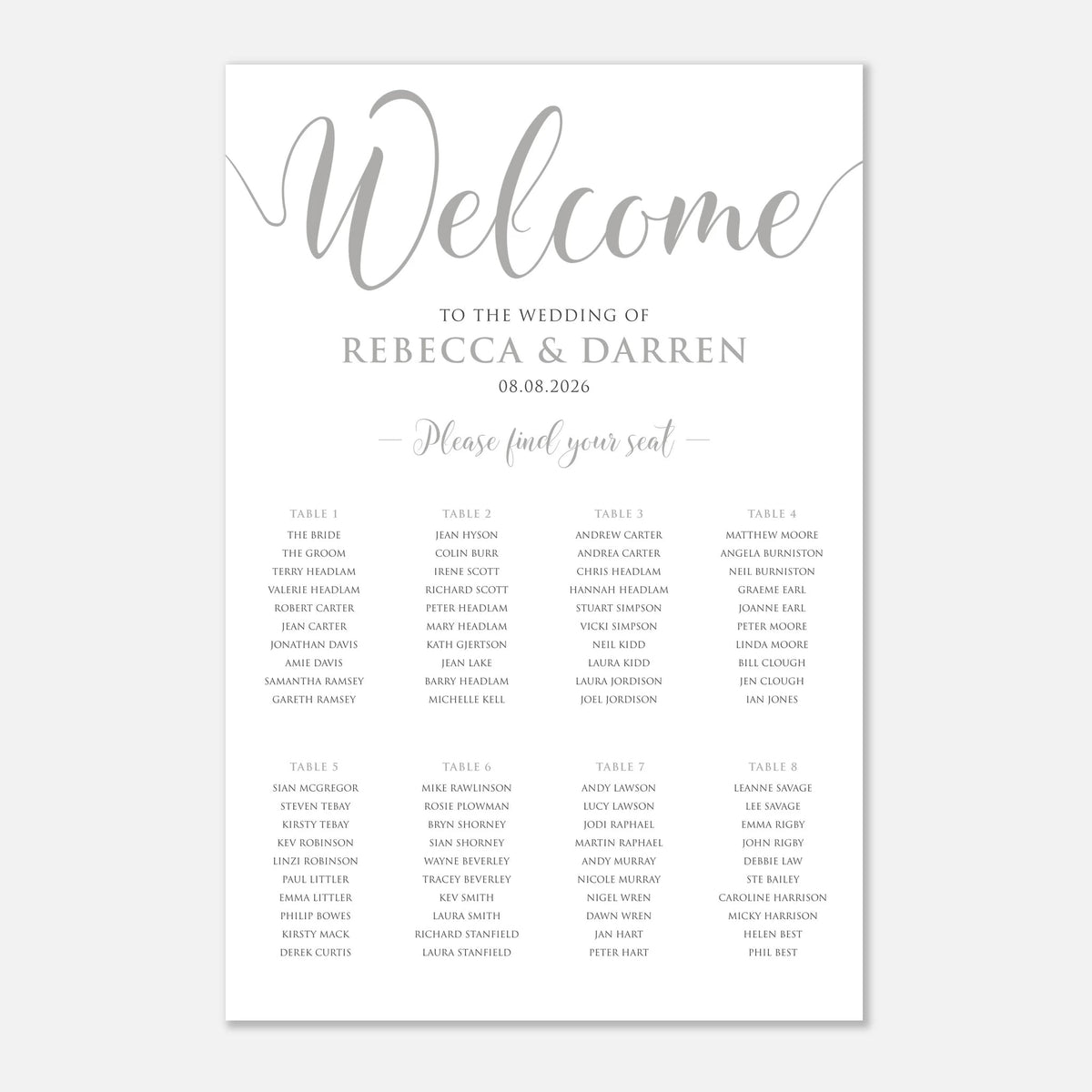 A wedding program or seating card design with elegant silver script reading 'Welcome' at the top, followed by the wedding names 'Rebecca & Darren', date '08.08.