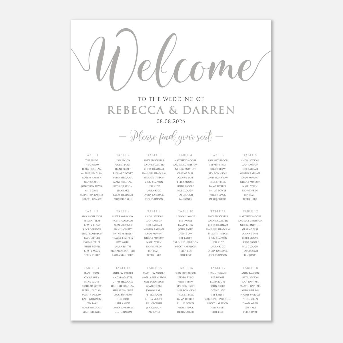 A wedding seating chart print with elegant silver script reading 'Welcome' and the names of the wedding couple, along with table assignments for guests, shown on a clean white background.