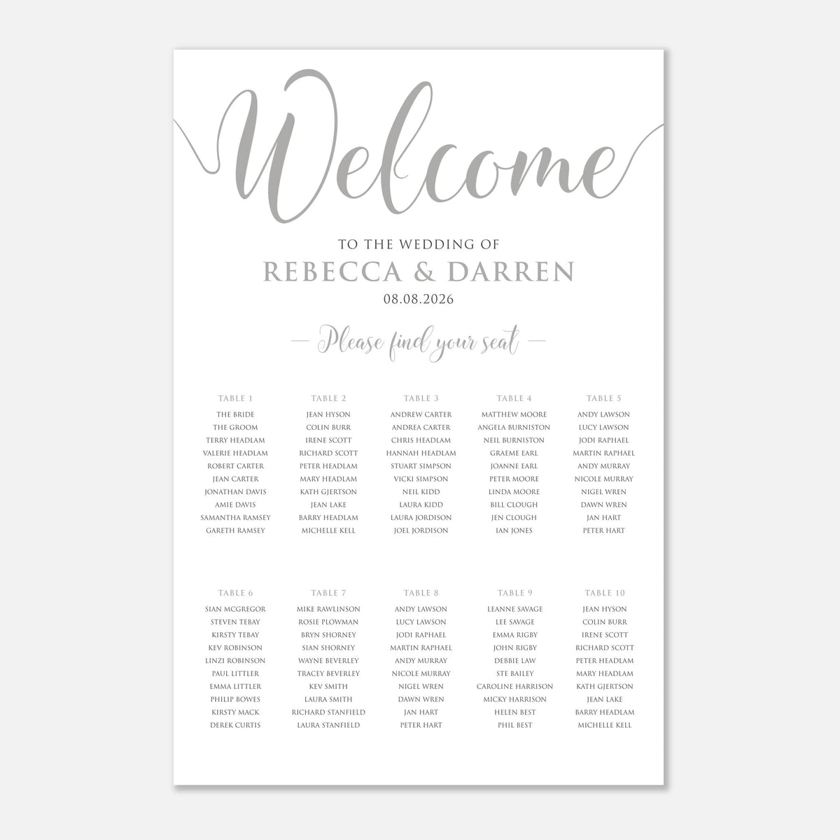 A wedding welcome seating chart print with elegant silver script reading 'Welcome' and a table layout for tables 1 through 10, shown on a clean white background.