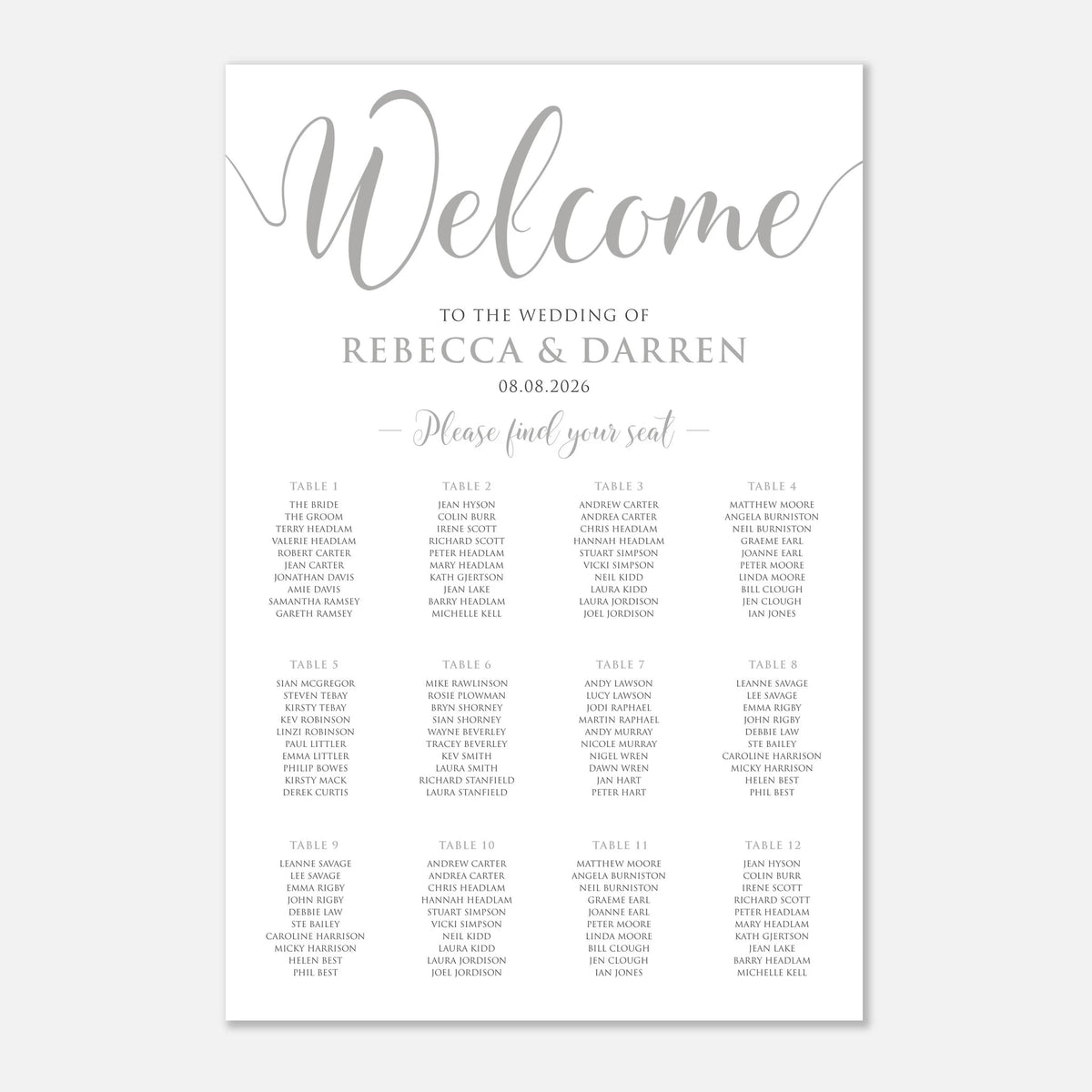 A wedding seating chart print with elegant silver script and serif text on a white background, reading 'Welcome to the wedding of Rebecca & Darren 08.08.