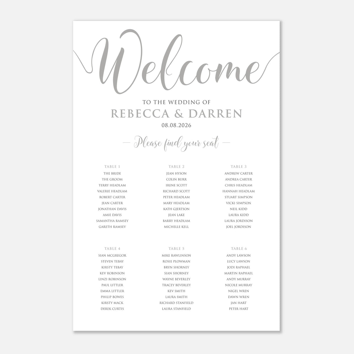 A wedding reception seating chart print with elegant silver script reading 'Welcome' and black text listing guests by table, on a clean white background.