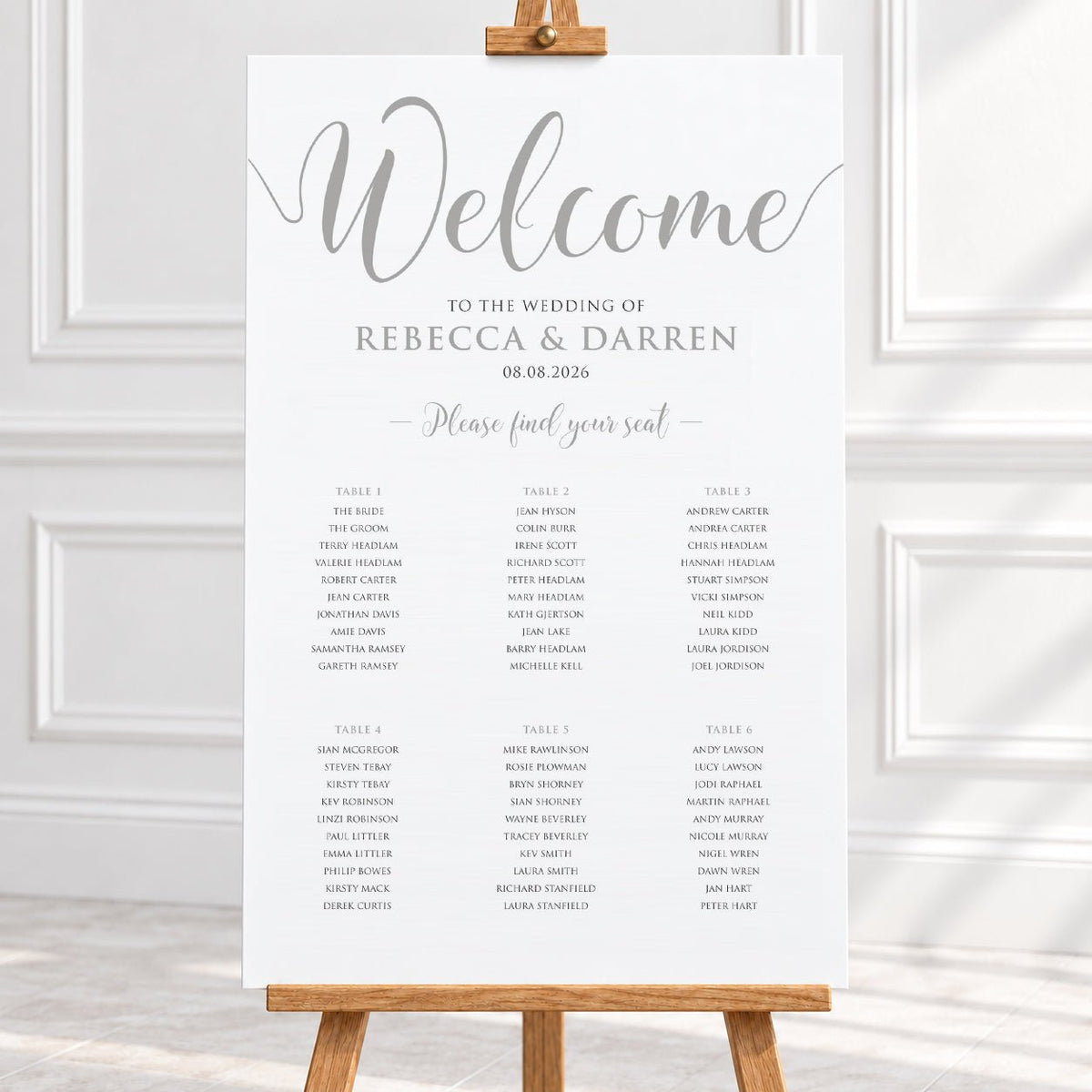 Personalised Silver Script Wedding Table Plan – 24 × 36″ Foamboard - We Do Bou