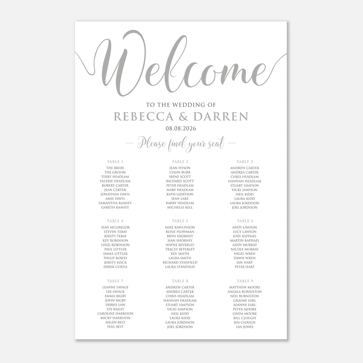 A wedding reception seating chart print on a white card with silver typography, titled 'Welcome' and listing tables for the wedding of Rebecca & Darren, 08.08.