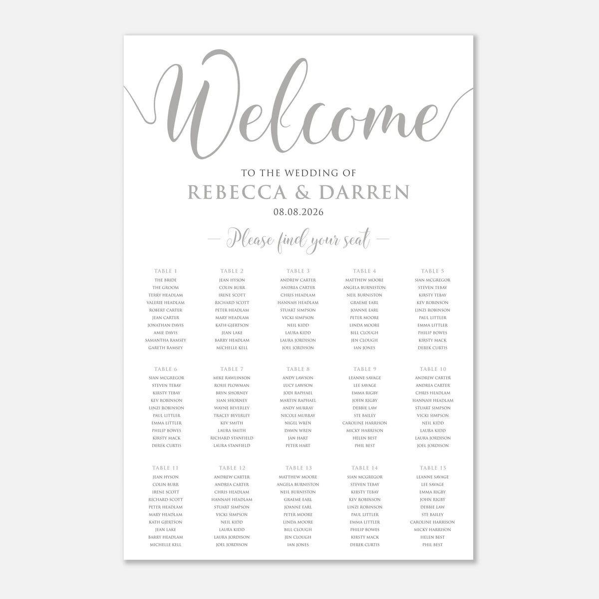 A wedding reception seating chart print with a white background, featuring elegant silver script text reading 'Welcome' and the names of the wedding of Rebecca & Darren, 08.08.