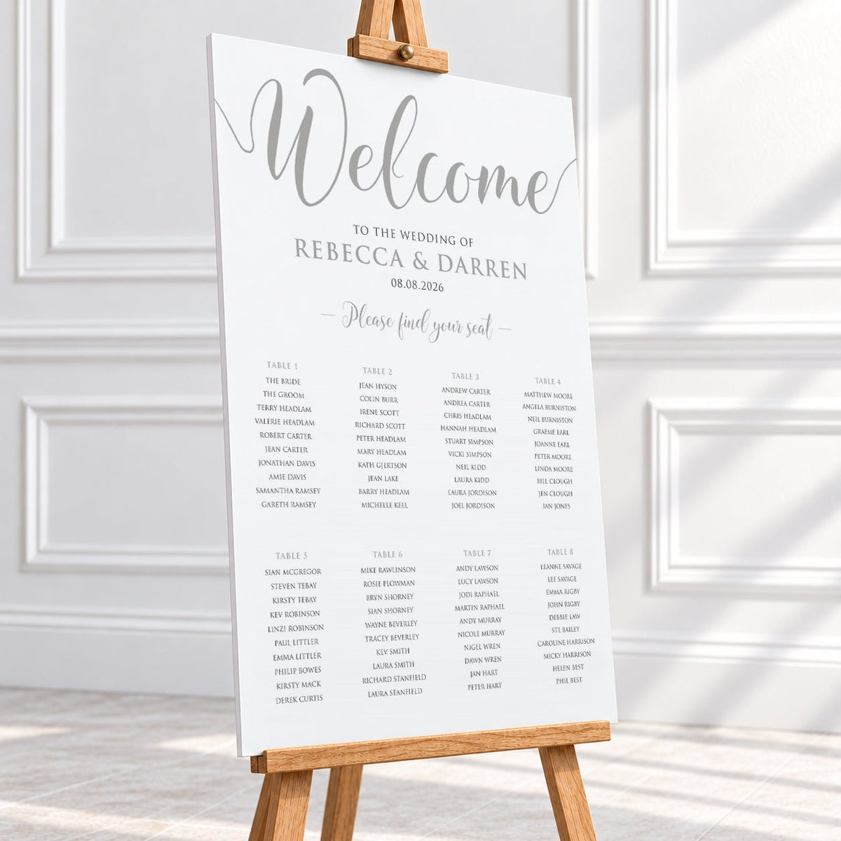 Personalised Silver Script Wedding Table Plan – 24 × 36″ Foamboard - We Do Bou