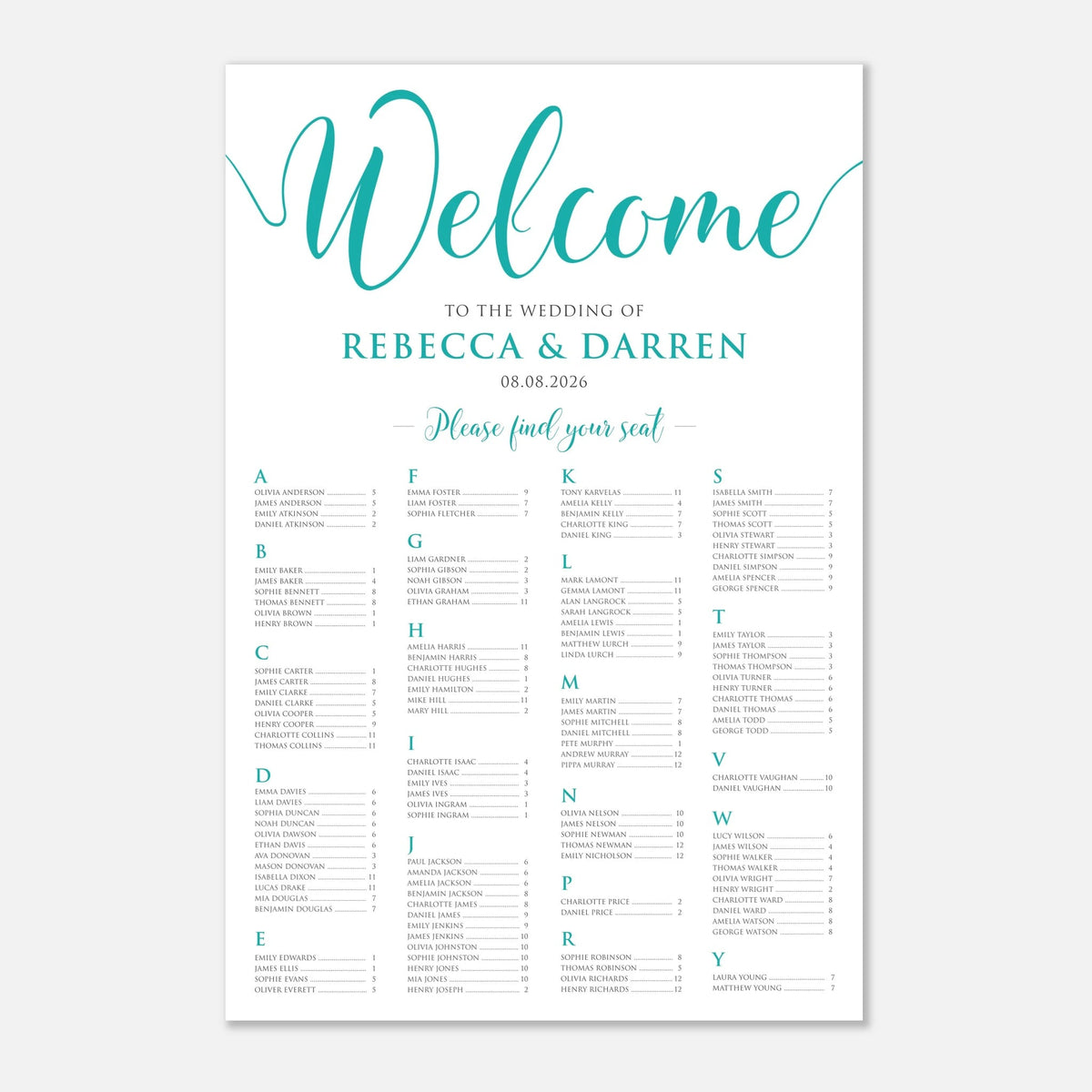 A wedding welcome seating chart print with teal script and serif text on a white background, featuring the heading 'Welcome' and a seated guest list below.