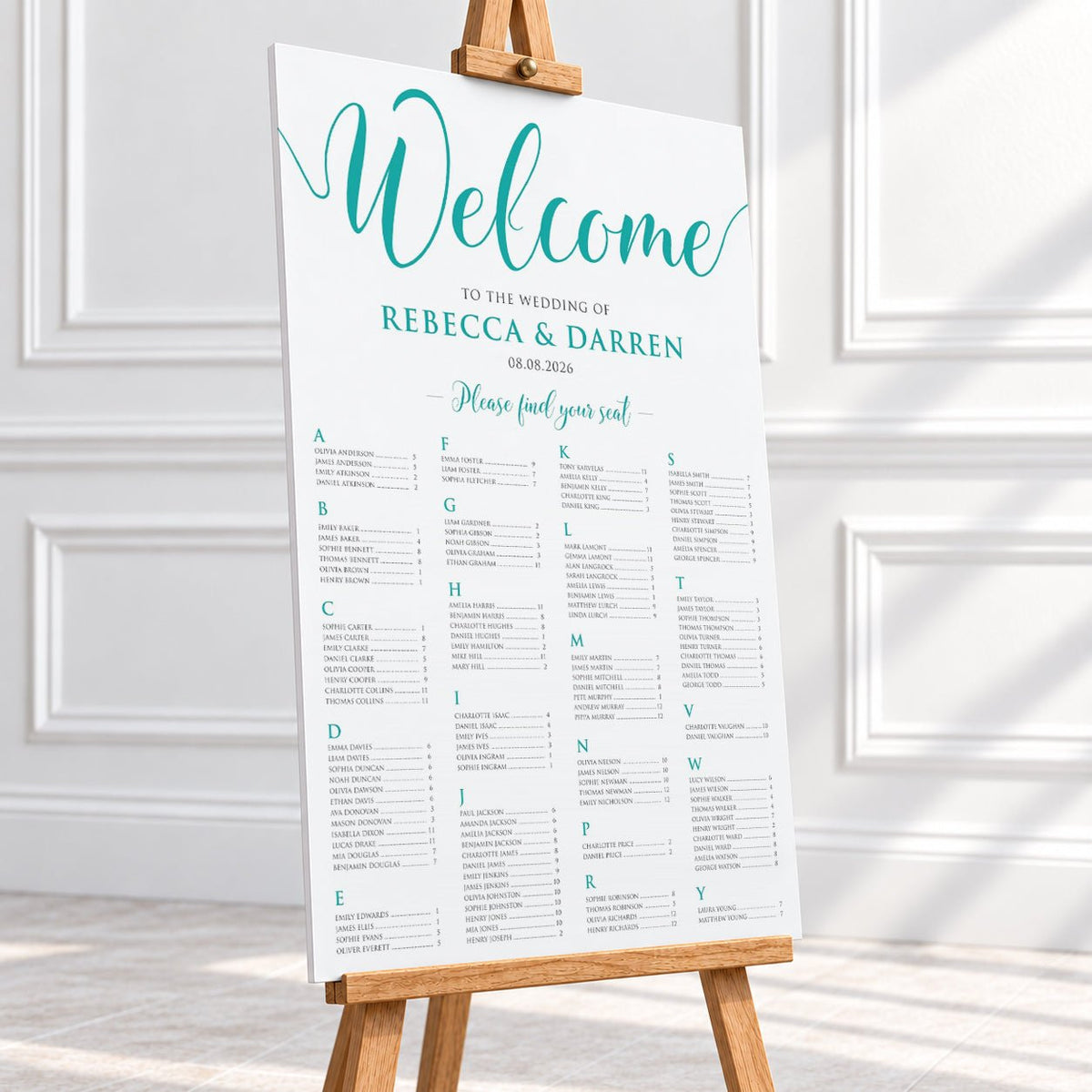 Personalised Turquoise Script Wedding Seating Chart – 24 × 36″ Foamboard - We Do Bou
