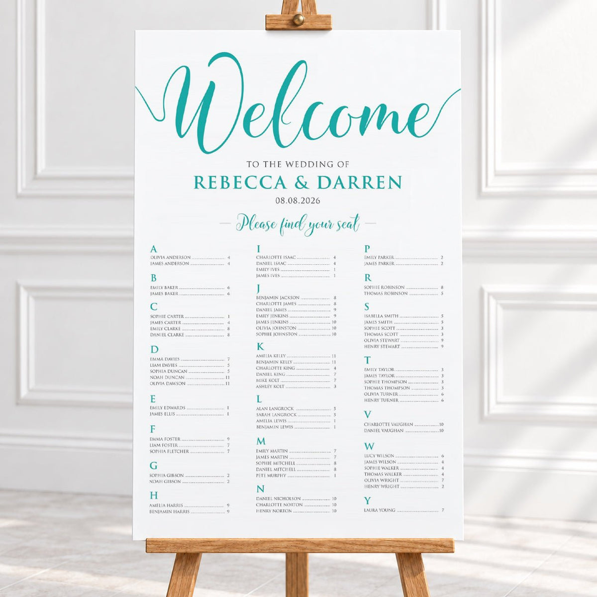 Personalised Turquoise Script Wedding Seating Chart – 24 × 36″ Foamboard - We Do Bou