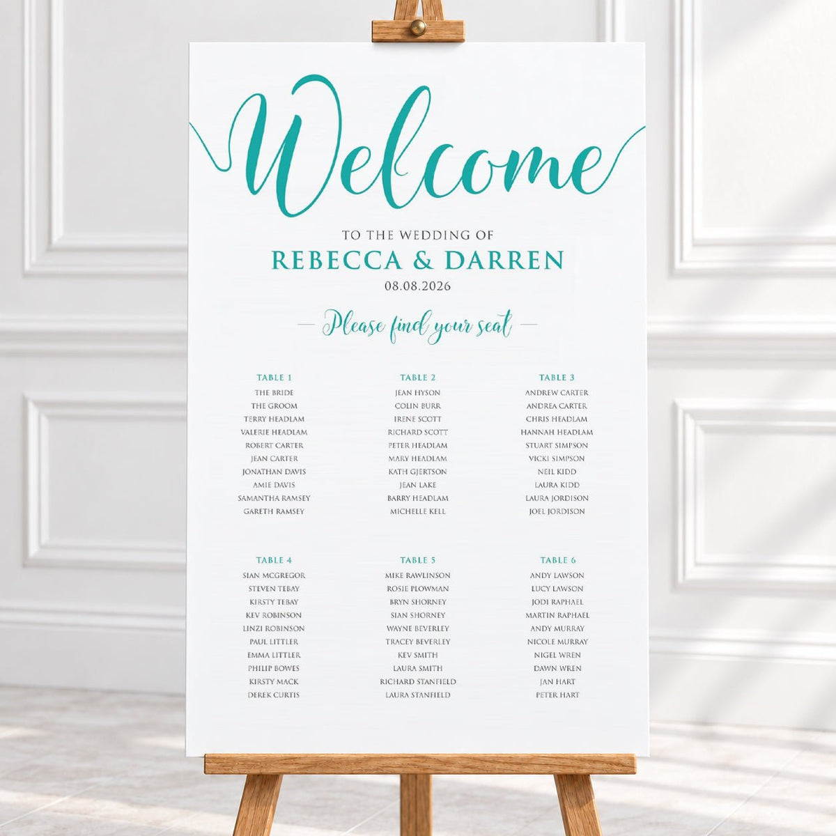 Personalised Turquoise Script Wedding Table Plan – 24 × 36″ Foamboard - We Do Bou
