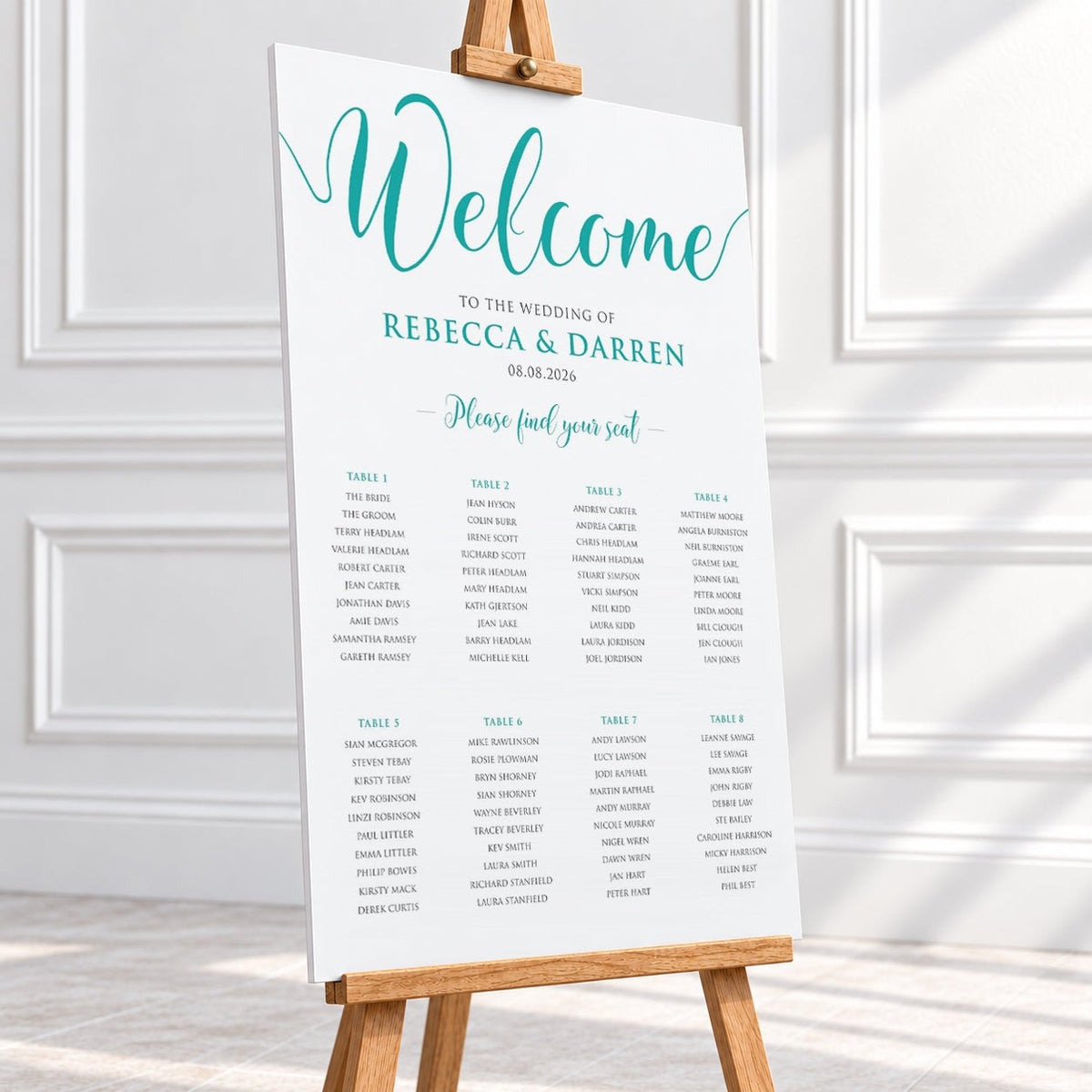 Personalised Turquoise Script Wedding Table Plan – 24 × 36″ Foamboard - We Do Bou
