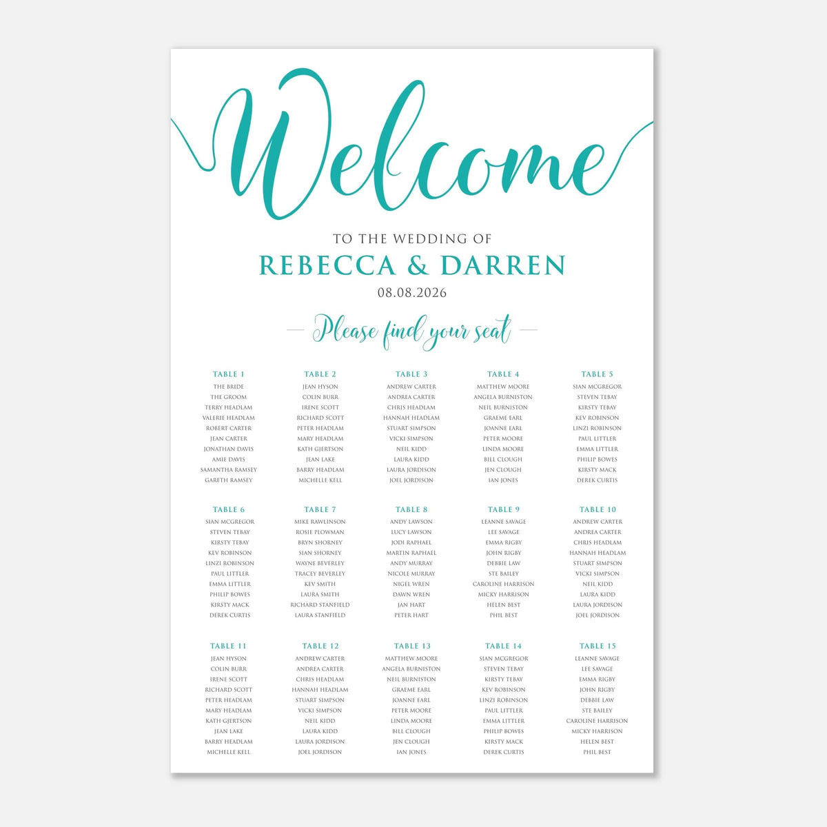 A wedding seating chart print with a white background, featuring teal script text reading 'Welcome' and a list of 15 table names arranged in a grid below.