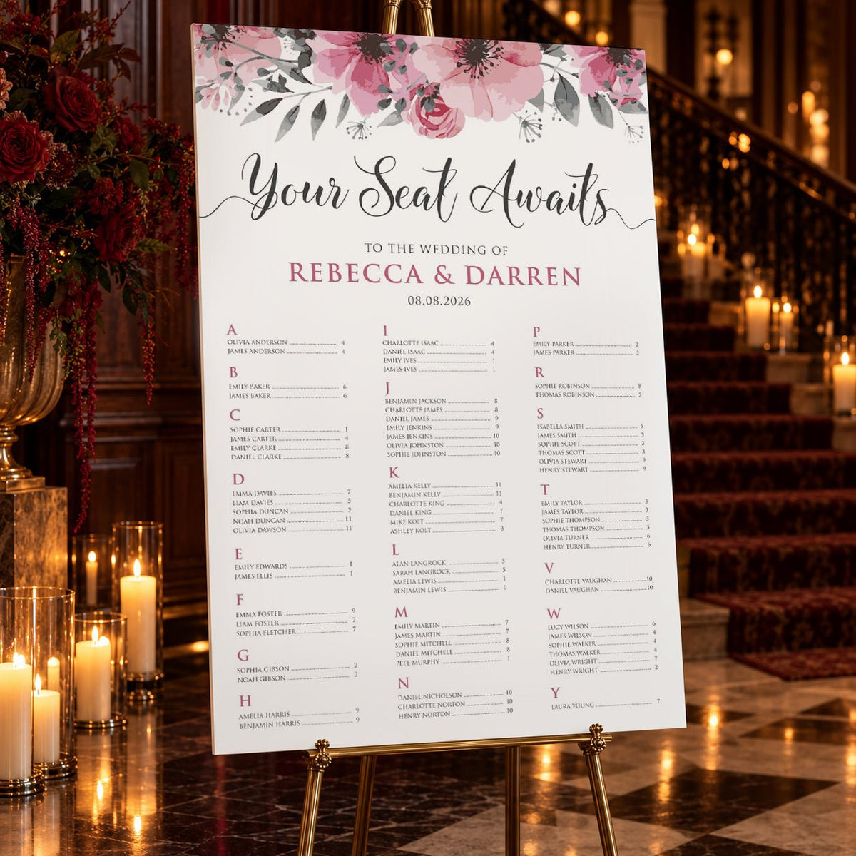 Pink Floral Alphabetical Wedding Seating Chart – Personalised 24 × 36″ Foamboard - We Do Bou