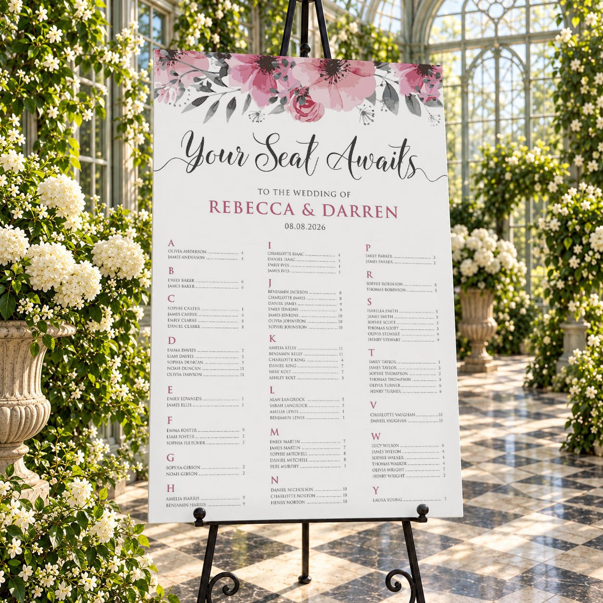 Pink Floral Alphabetical Wedding Seating Chart – Personalised 24 × 36″ Foamboard - We Do Bou