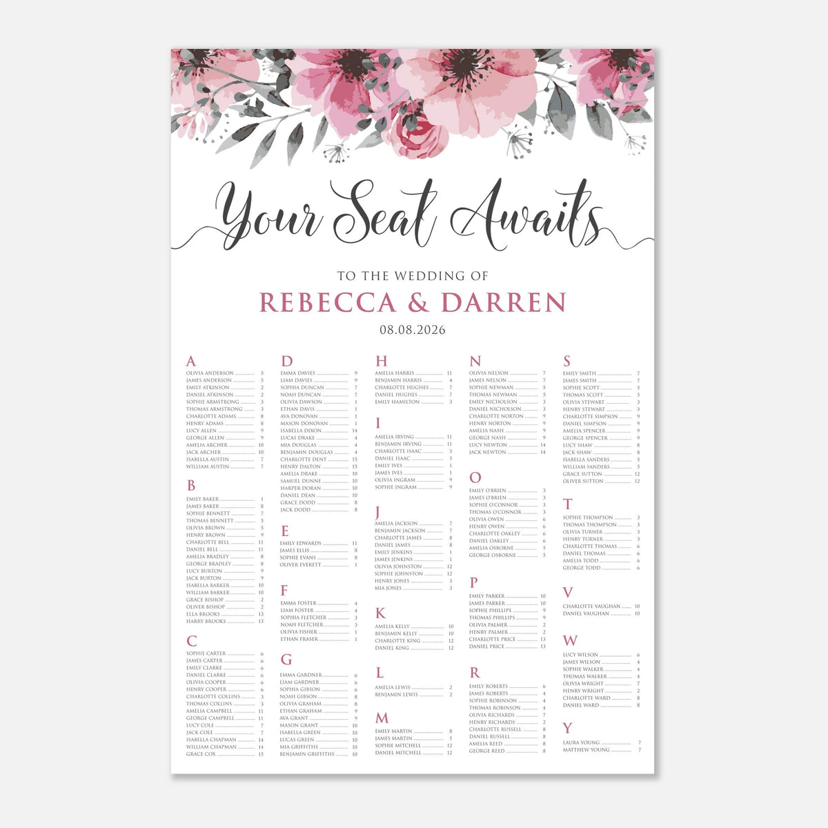A vertical wedding seating chart print with a watercolor floral header in pink, burgundy, and green, reading 'Your Seat Awaits' and 'To the wedding of Rebecca & Darren 08.08.