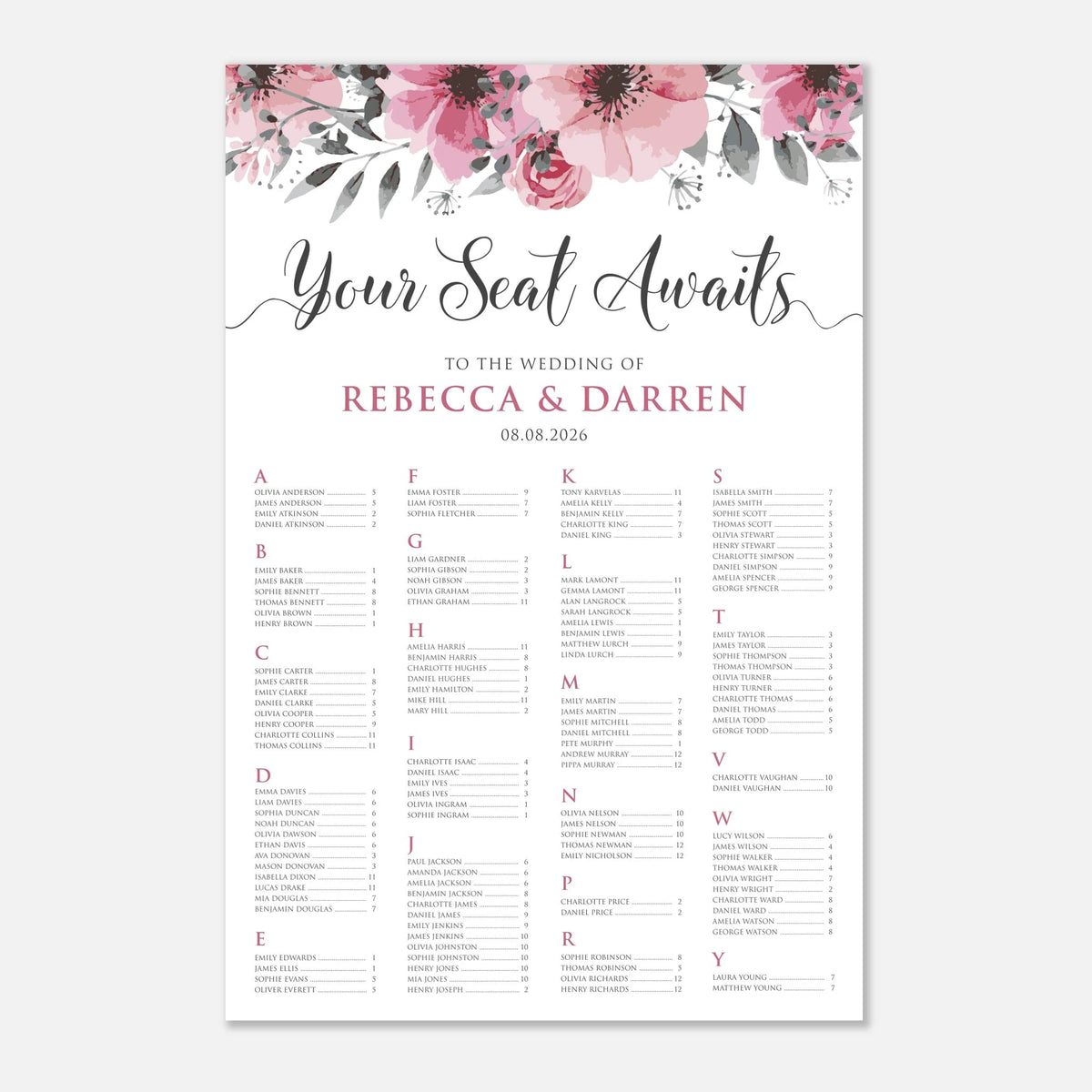 A wedding seating chart print with a floral header featuring pink and red flowers and green leaves. The main text reads 'Your Seat Awaits' for the wedding of Rebecca & Darren, with the date 08.