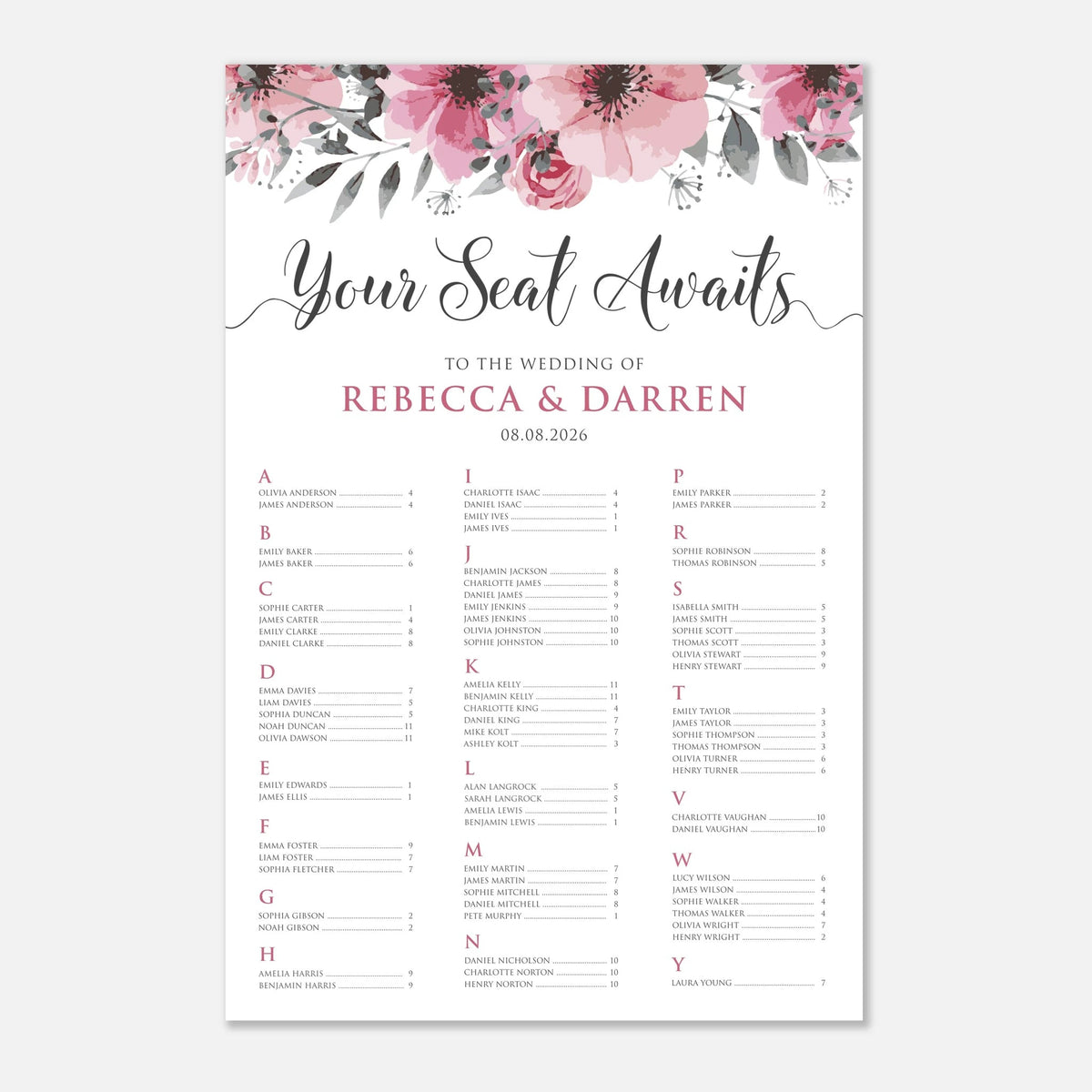 A wedding seating chart print with a floral header featuring pink watercolor flowers and green leaves on a white background. The text reads 'Your Seat Awaits' and includes the wedding names 'Rebecca & Darren' and a date, with rows of alphabet seating assignments below.