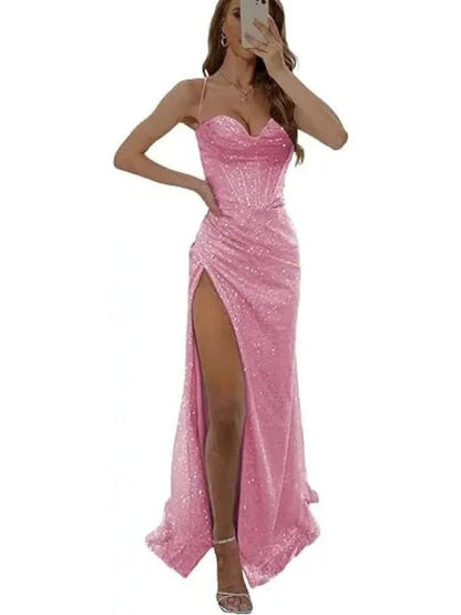 pink sequined thigh slit prom dress with spaghetti straps