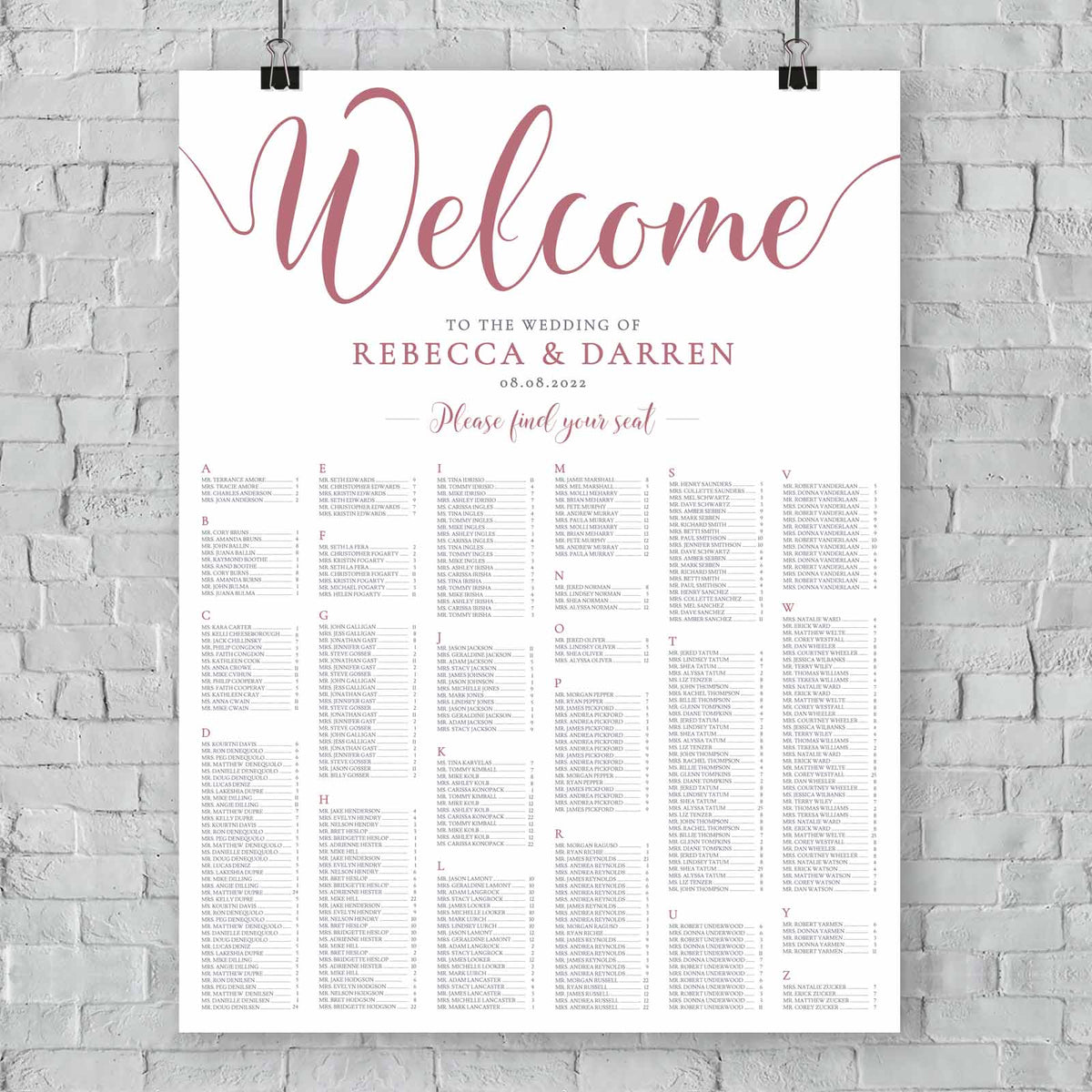 large format ink and white wedding seating chart for 400 guests