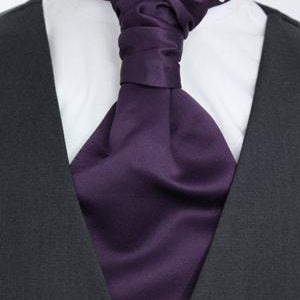 Purple cravat over a white shirt and black vest