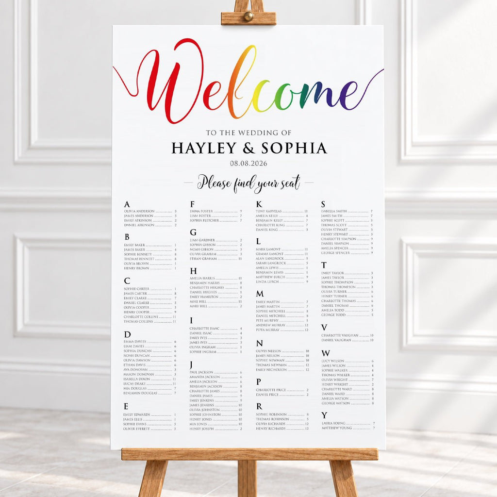 24x36″ Alphabetical Pride Wedding Seating Chart printed on 5mm foam board