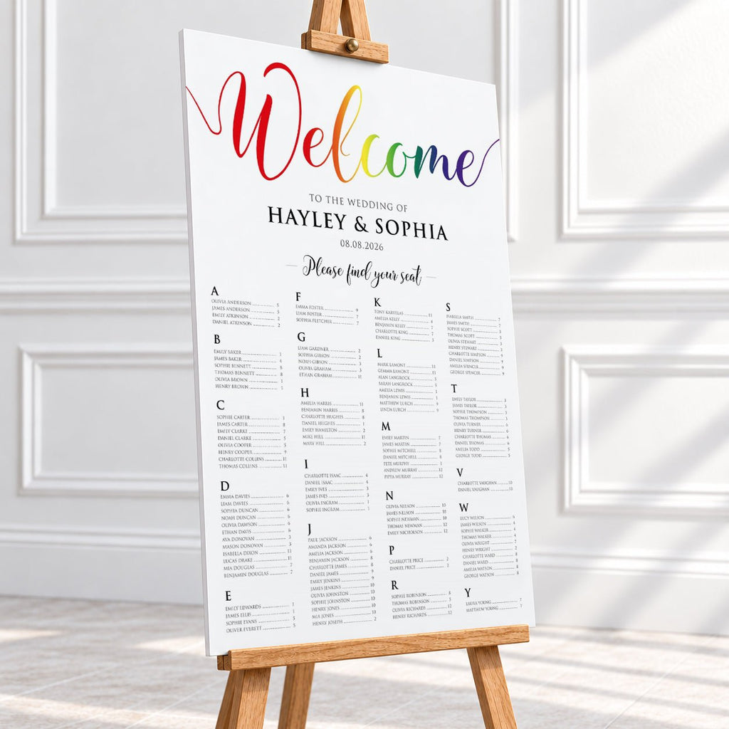 24x36″ Alphabetical Pride Wedding Seating Chart printed on 5mm foam board