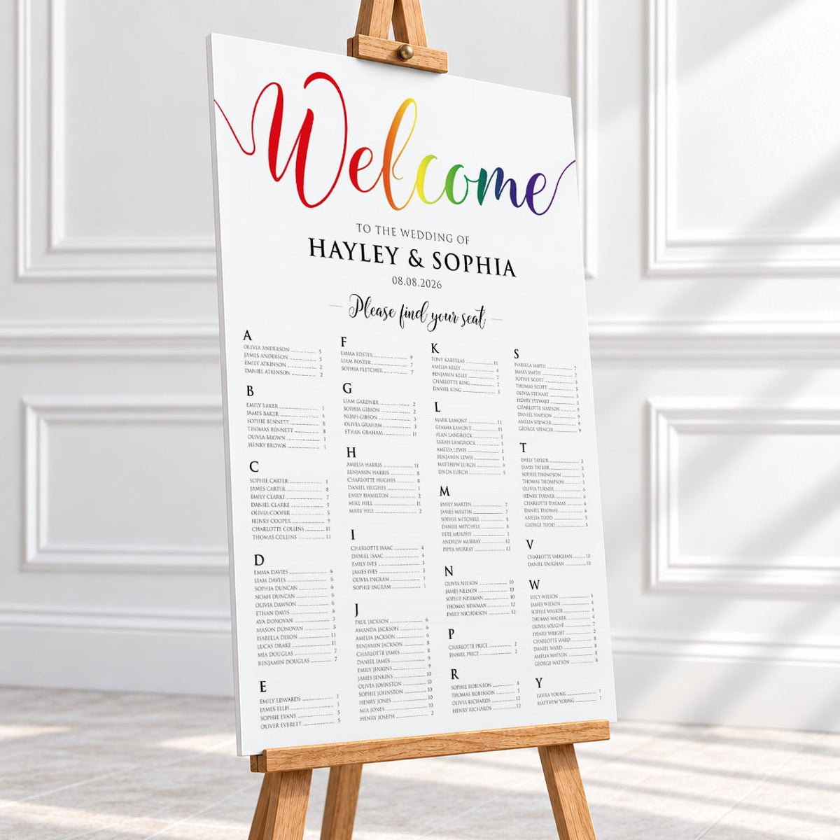 24x36″ Alphabetical Pride Wedding Seating Chart printed on 5mm foam board