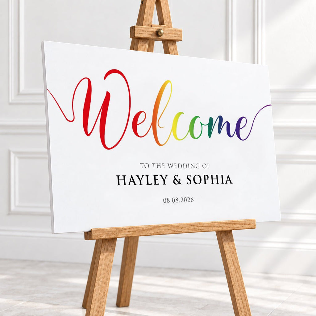 Personalised Pride Rainbow Wedding Welcome Sign – 16 × 24″ or 24 × 26″