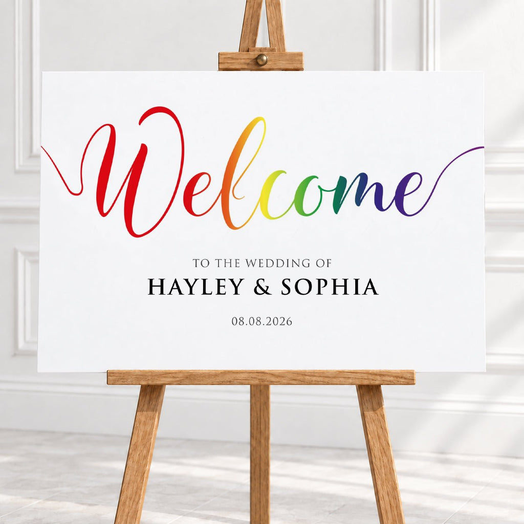 Personalised Pride Rainbow Wedding Welcome Sign – 16 × 24″ or 24 × 26″